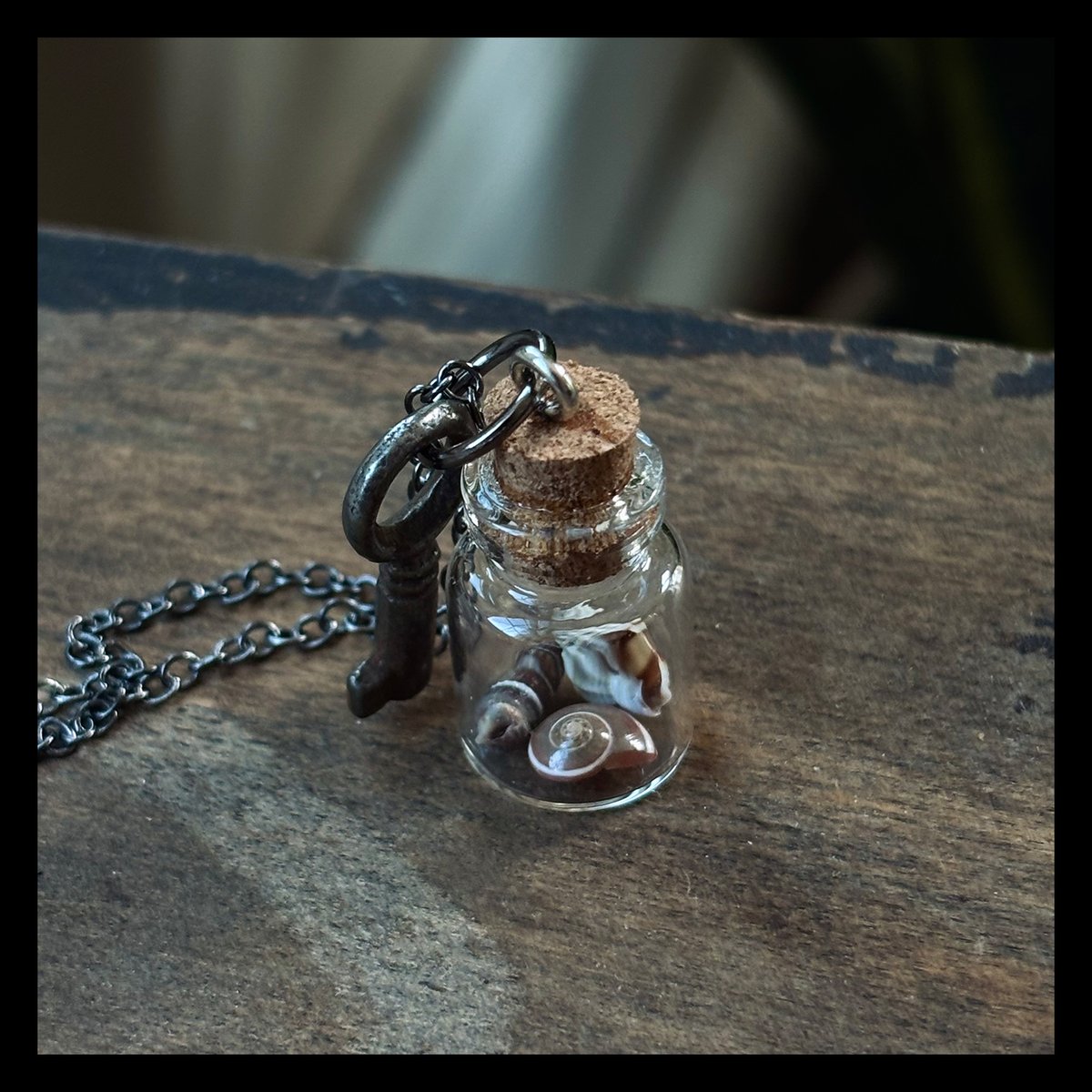 Small round key with vial of tiny seashells