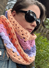 Image 2 of Colour Block Granny Stitch Cowl - Coral, Pink, and Purple 