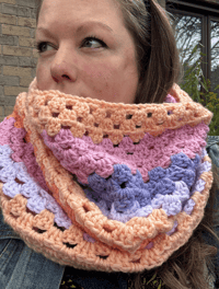Image 1 of Colour Block Granny Stitch Cowl - Coral, Pink, and Purple 