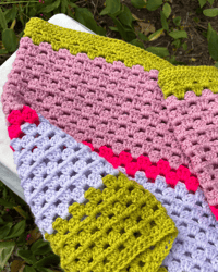 Image 4 of Colour Block Granny Stitch Cowl - Lime Green, Purple, and Pink