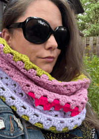 Image 2 of Colour Block Granny Stitch Cowl - Lime Green, Purple, and Pink