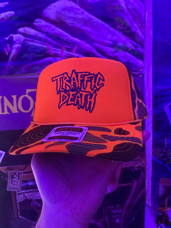 Image of Traffic Death Orange Camo Foam Trucker Hat