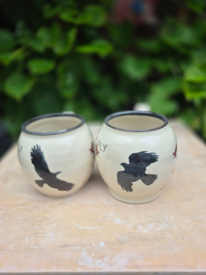 Image of Fly Crow Fly Round Mugs SET OF TWO