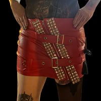 Image 2 of Red faux leather buckle zipper skirt w/ distressed studded strap