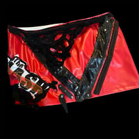 Image 5 of Red faux leather buckle zipper skirt w/ distressed studded strap