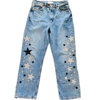 Image 2 of Women's Top Shop Jeans,  Re-Vamped, custom made w/ rhinestone stars in silver clear & black 