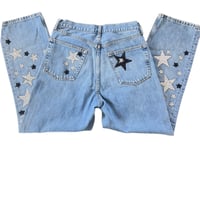 Image 4 of Women's Top Shop Jeans,  Re-Vamped, custom made w/ rhinestone stars in silver clear & black 
