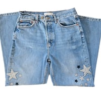 Image 5 of Women's Top Shop Jeans,  Re-Vamped, custom made w/ rhinestone stars in silver clear & black 