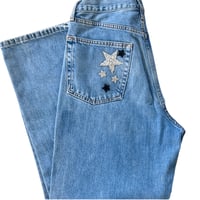 Image 1 of Women's Top Shop Jeans,  Re-Vamped, custom made w/ rhinestone stars in silver clear & black 