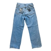Image 3 of Women's Top Shop Jeans,  Re-Vamped, custom made w/ rhinestone stars in silver clear & black 
