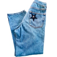 Image 6 of Women's Top Shop Jeans,  Re-Vamped, custom made w/ rhinestone stars in silver clear & black 