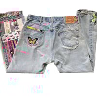 Image 6 of Unisex Levi's Button Fly 501 Jeans,  Vintage 2016 Re-Vamped ,Patchwork, embellished & embroidered