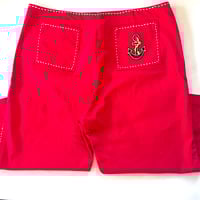 Image 7 of  Womens Vintage Wide Leg Capri Pants Red Mid Rise Retro Rockabilly Rhinestone cherry patch  back poc