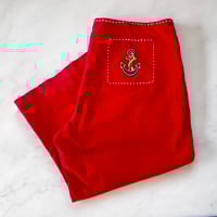 Image 10 of  Womens Vintage Wide Leg Capri Pants Red Mid Rise Retro Rockabilly Rhinestone cherry patch  back poc