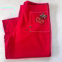 Image 9 of  Womens Vintage Wide Leg Capri Pants Red Mid Rise Retro Rockabilly Rhinestone cherry patch  back poc