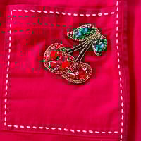 Image 3 of  Womens Vintage Wide Leg Capri Pants Red Mid Rise Retro Rockabilly Rhinestone cherry patch  back poc