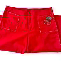 Image 11 of  Womens Vintage Wide Leg Capri Pants Red Mid Rise Retro Rockabilly Rhinestone cherry patch  back poc