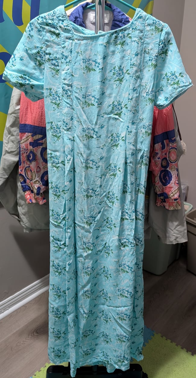 Vntg Sarah Elizabeth Light Blue Floral Maxi Dress w/ Tie Back Cinch Sz 8
