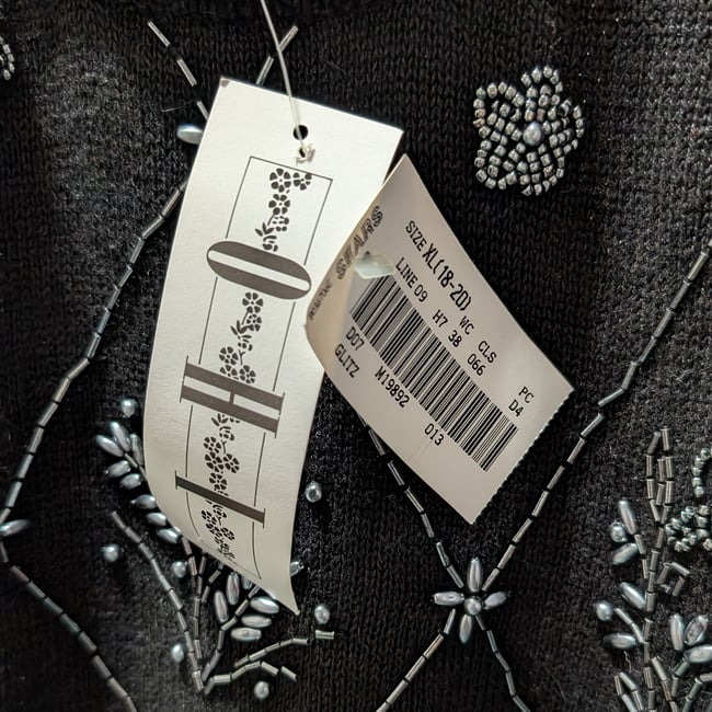Vntg OHI Deadstock Floral Beaded Black Sweater Sz XL NWT