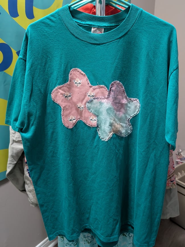 Upcycled 80's Style Double Star Applique T-Shirt Sz XL