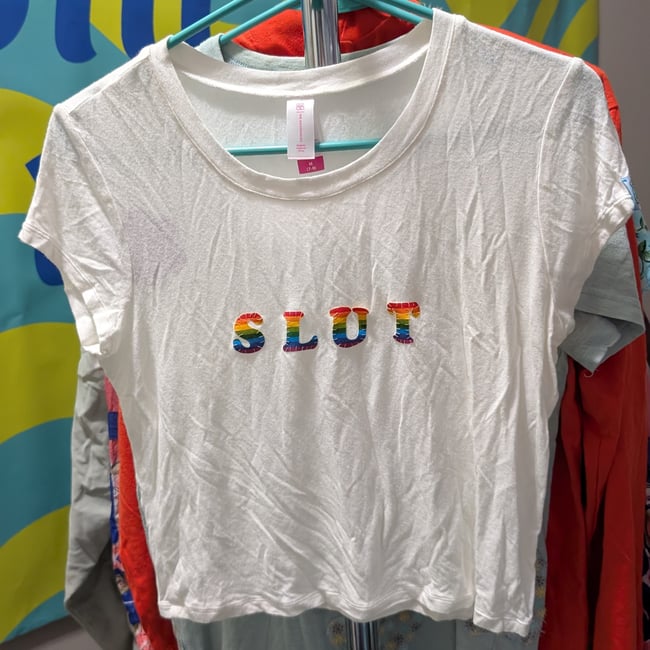 Upcycled Slut Rainbow Patch Baby Tee T-Shirt Sz M (7-9)