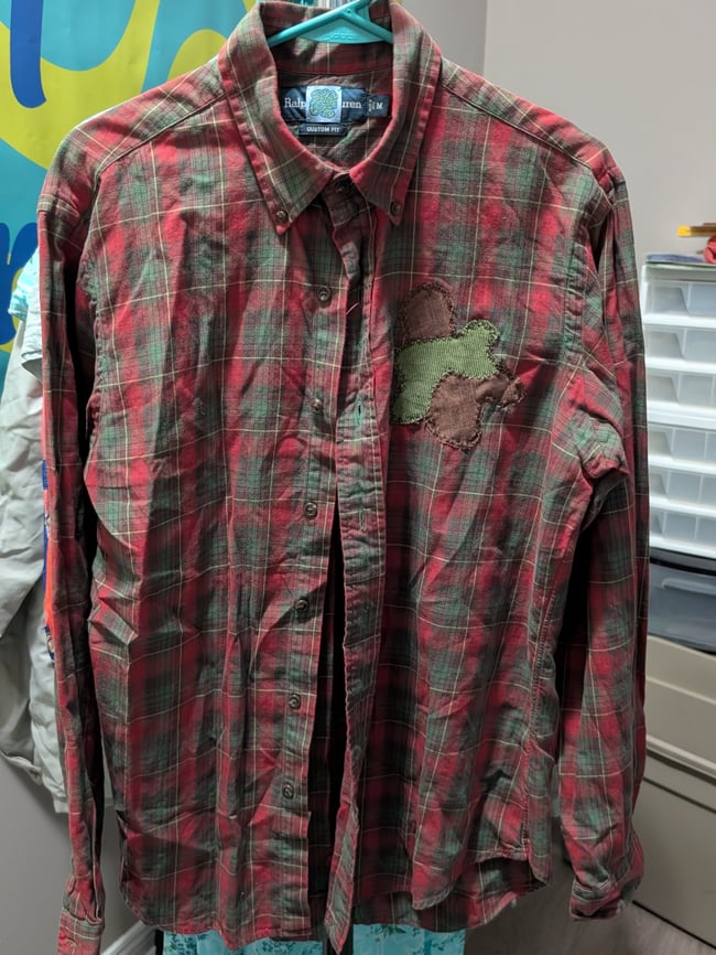 Upcycled Blob Red & Green Plaid Button Up Long Sleeve Shirt Sz M