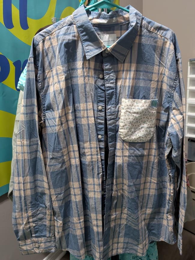 Upcycled Blob Blue & Cream Plaid Button Up Long Sleeve Shirt Sz XXL