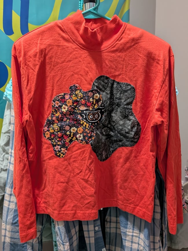 Upcycled Halloween Spooky Blob Orange Mock Neck Long Sleeve Shirt Sz PL