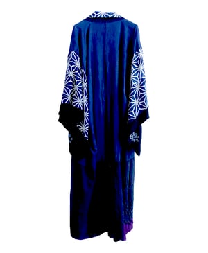 Image of Silke Kimono dame af japansk blå silke med stjerne mønster mm. -vendbar!