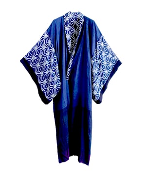 Image of Silke Kimono dame af japansk blå silke med stjerne mønster mm. -vendbar!