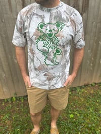 Image 3 of Groovy Bear on Cream Camo T-shirt w/ Green Print