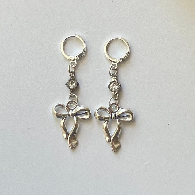 crystal bow silver huggie hoop earrings