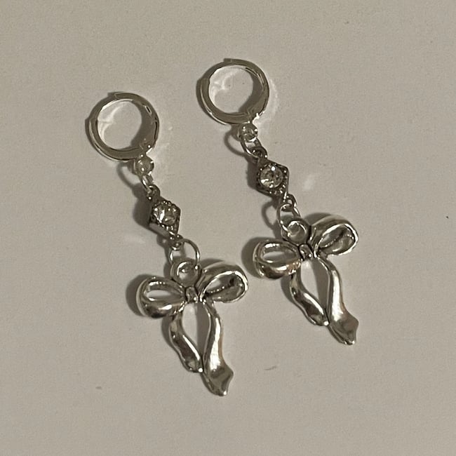 crystal bow silver huggie hoop earrings
