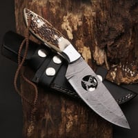 9" Handmade Damascus Steel Skinner Knife With Antler Handle & Leather Sheath 