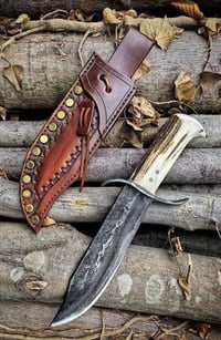14" Handmade Carbon Steel Bowie / Hunting Knife – Elk Antler Handle & Leather Sheath