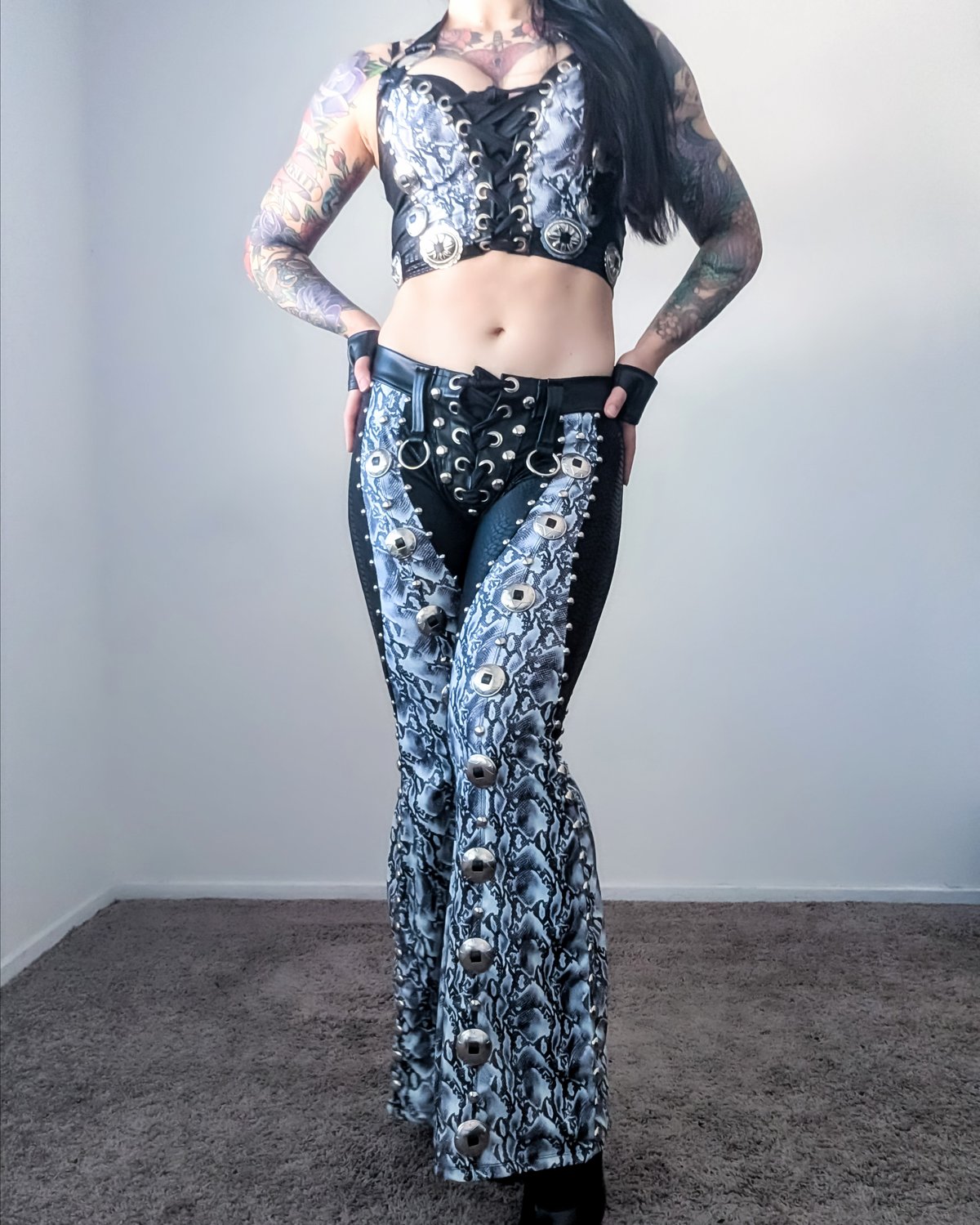 🔥20% OFF🔥White Snake Conchos & Chaps Bell-Bottoms