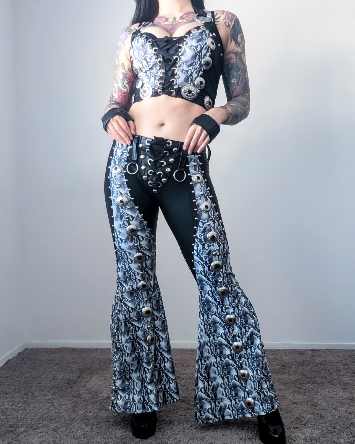 🔥20% OFF🔥White Snake Conchos & Chaps Bell-Bottoms