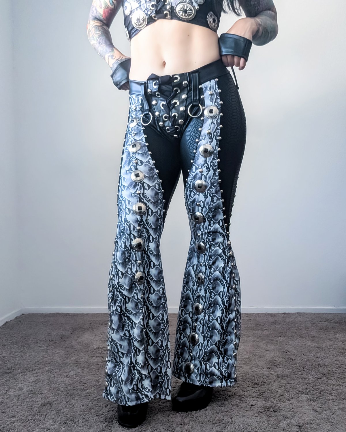 🔥20% OFF🔥White Snake Conchos & Chaps Bell-Bottoms