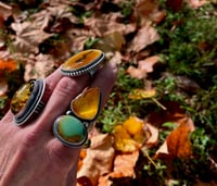 Image 2 of Baltic Amber and Black Jack Turquoise Two Stone Ring Sterling 