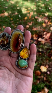 Image 1 of Baltic Amber and Black Jack Turquoise Two Stone Ring Sterling 