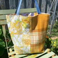 Image 1 of Sunny Meadow Handmade Tote Bag Upcycled Vintage Fabrics & Denim