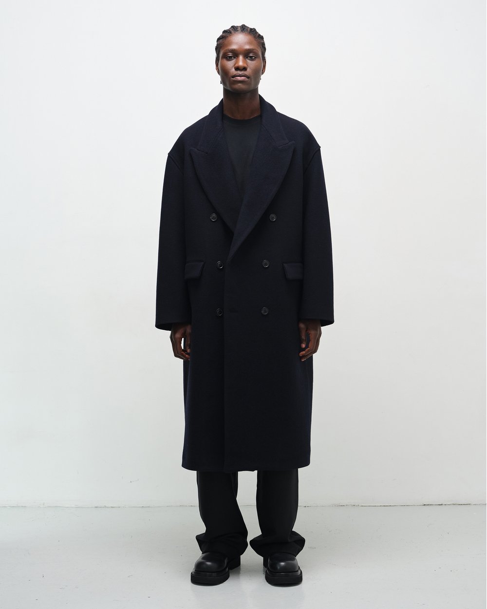 Image of Navy Wool Cashmere Double-Breasted Coat