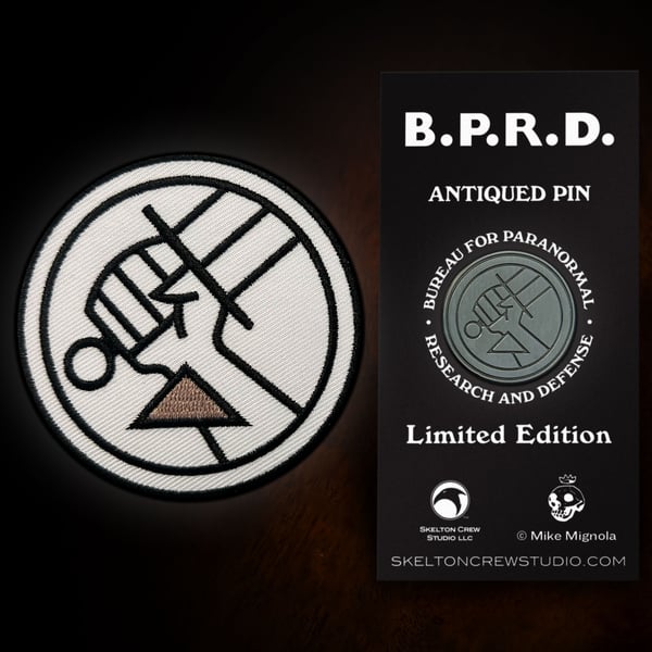 Image of Hellboy/B.P.R.D.: Antiqued B.P.R.D. Logo pin & B.P.R.D. patch set!