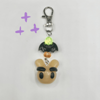 Image 1 of Halloween Bunny Keychain with Bushy Brows - Whimsical Polymer Clay & Bat Bead Keychain
