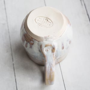 Image of 12 Ounce Rustic White and Ocher Stoneware Mug with Dripping Glazes, Coffee Cup, Made in USA