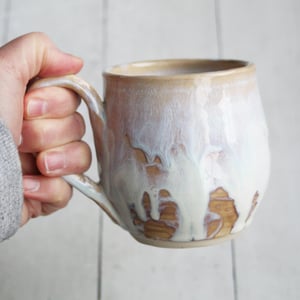 Image of 12 Ounce Rustic White and Ocher Stoneware Mug with Dripping Glazes, Coffee Cup, Made in USA