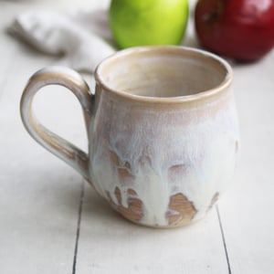 Image of 12 Ounce Rustic White and Ocher Stoneware Mug with Dripping Glazes, Coffee Cup, Made in USA