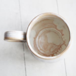 Image of 12 Ounce Rustic White and Ocher Stoneware Mug with Dripping Glazes, Coffee Cup, Made in USA