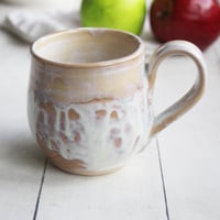 Image 1 of 12 Ounce Rustic White and Ocher Stoneware Mug with Dripping Glazes, Coffee Cup, Made in USA