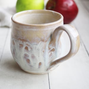 Image of 12 Ounce Rustic White and Ocher Stoneware Mug with Dripping Glazes, Coffee Cup, Made in USA